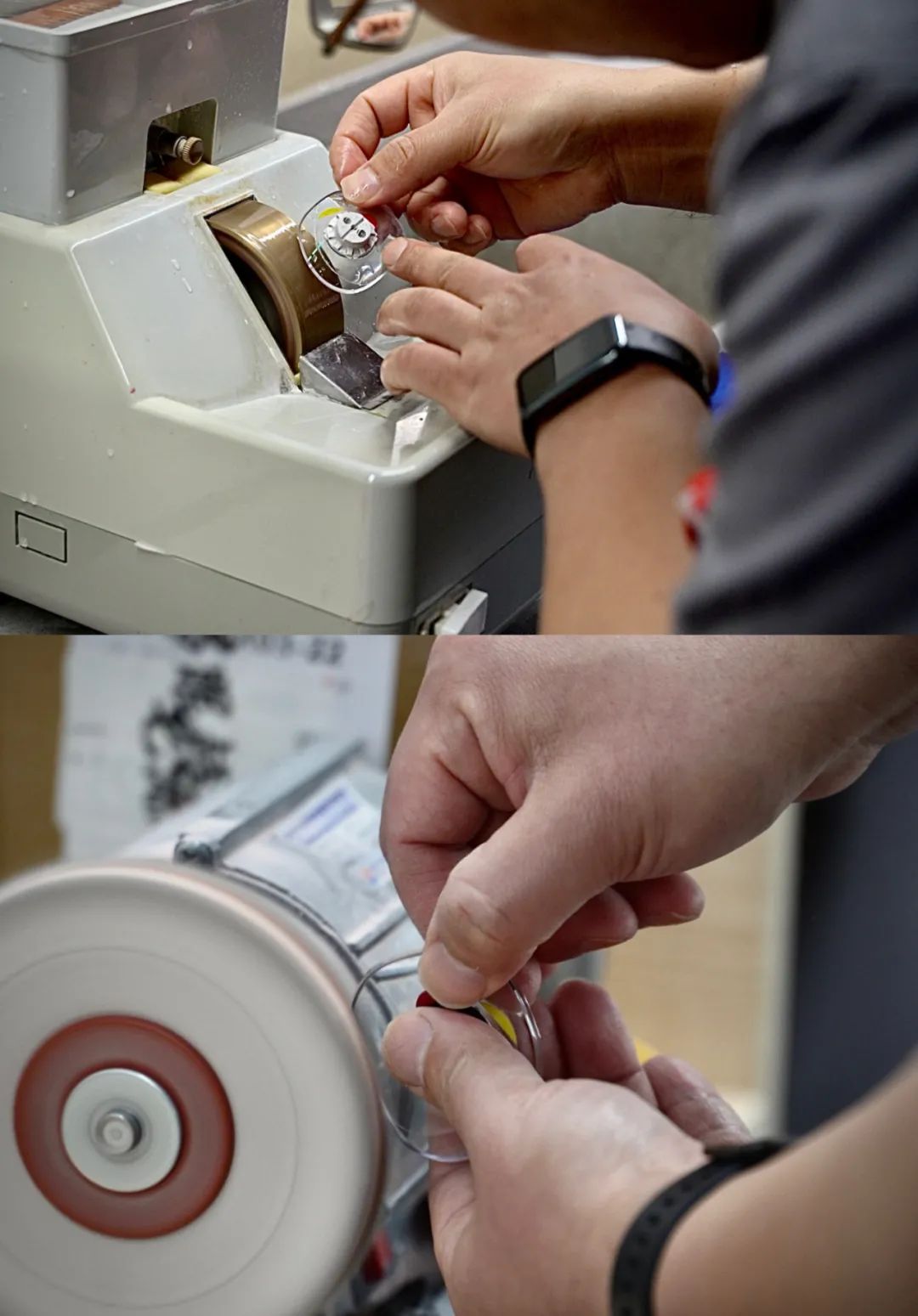 "刚从磨边机切割出来的镜片,侧面像刀口一样锋利,很容易划伤手,我们